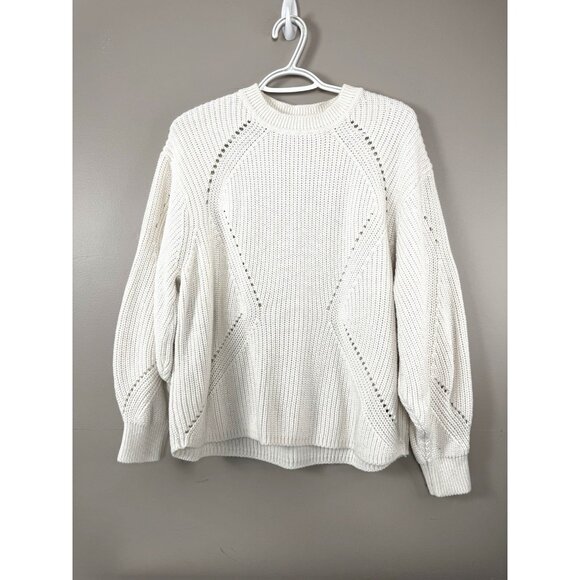 White Cable Knit Crewneck Sweater S Cozy Preppy Layer Minimalist Classic Cottage - Picture 1 of 7